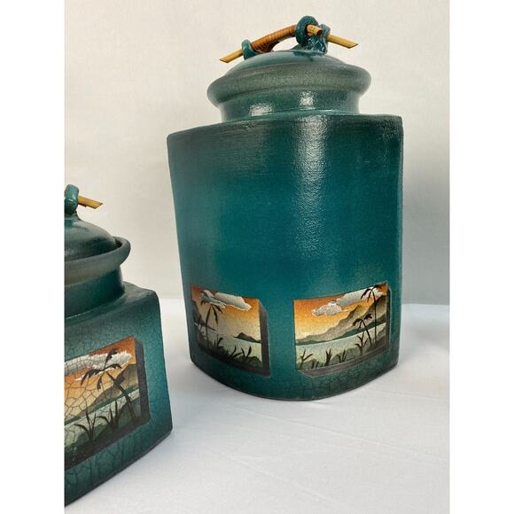 KEN JENSEN Full Set 4 Painted Covered Raku Jars, Beach Scenes, Signed - Picture 4 of 16